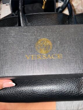 Versace Black Pebbled Leather Handbag with Gold Medallion